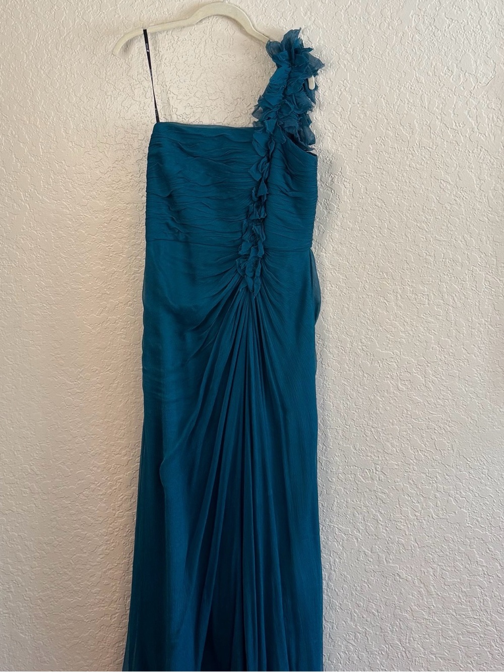 Tadashi Shoji Silk Teal Maxi Dress with Ruffle Detail
